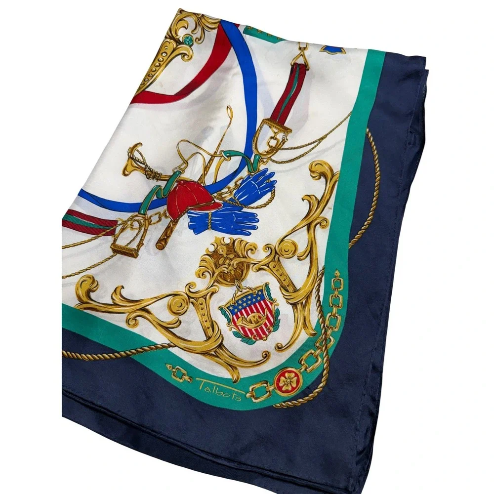 Talbots Silk Scarf Navy Multi Equestrian Sporting Square 34x34 GUC Classic Chic